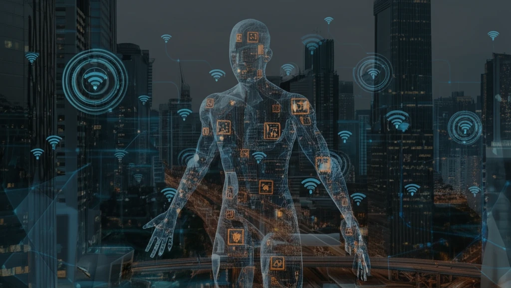 Interconnected wireless sensors forming a human figure, representing remote patient monitoring.