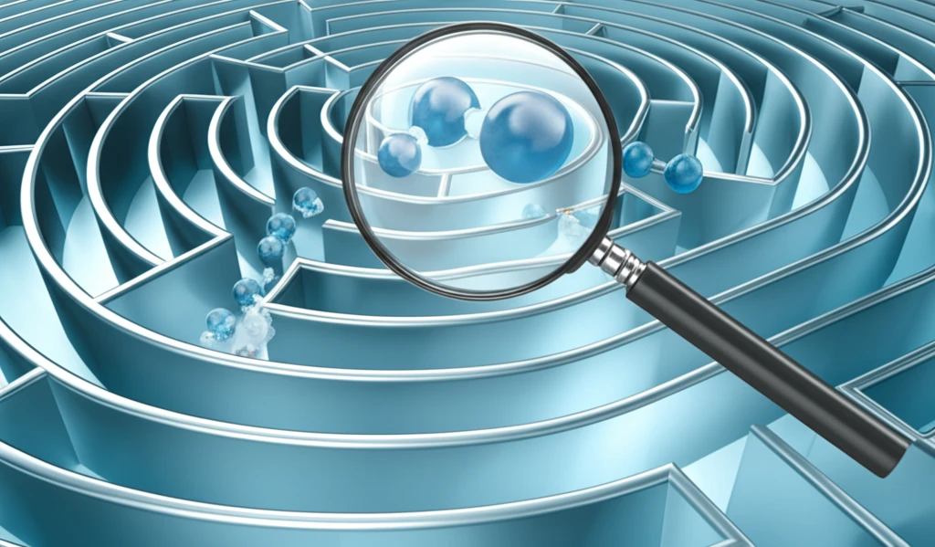 A complex maze representing the diagnostic challenges of endogenous hyperinsulinism, with insulin molecules as pathways.