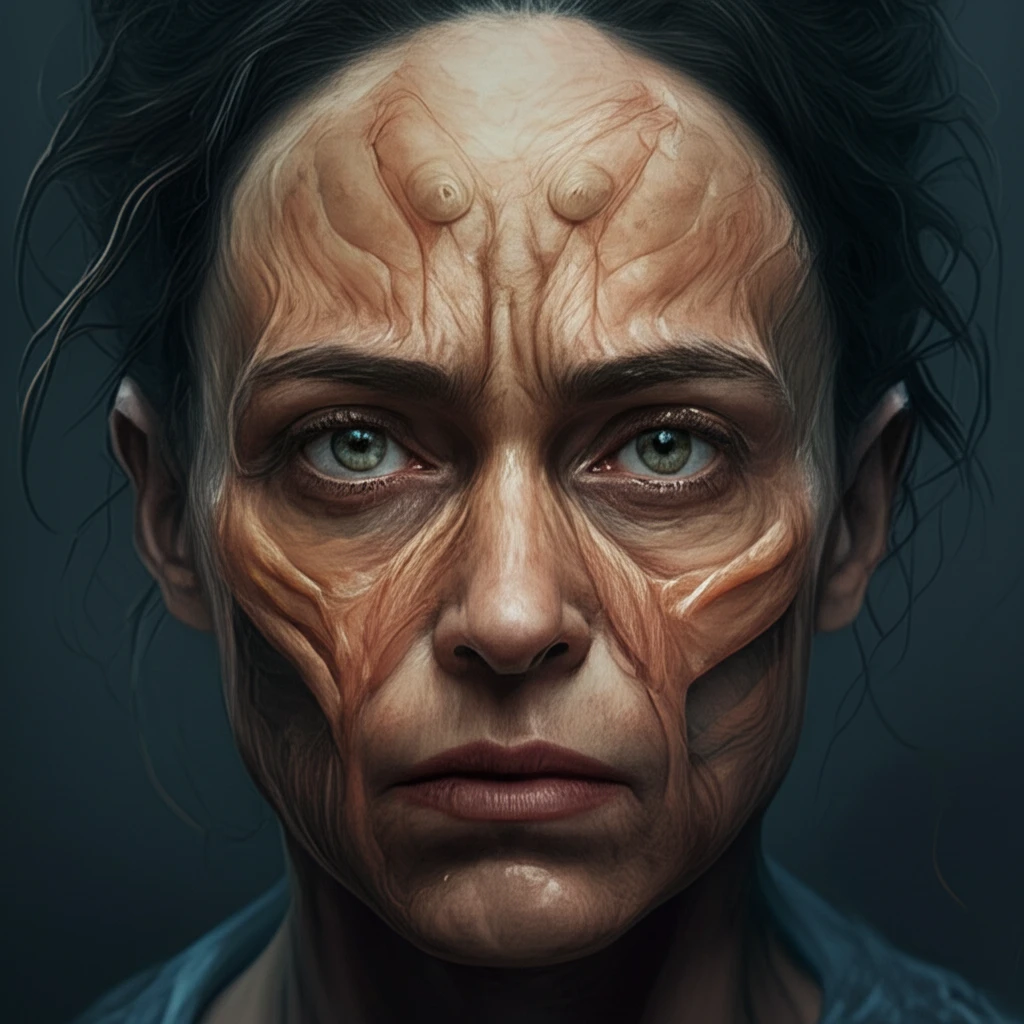 Surreal illustration representing the shifting muscle structures in the face of someone with Myasthenia Gravis.
