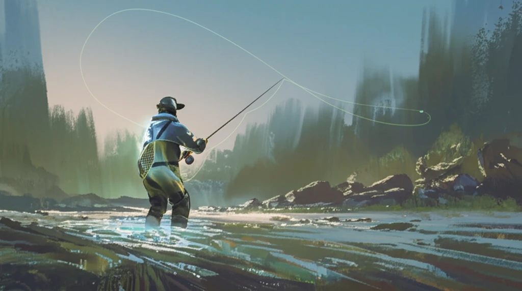 Angler wearing temperature-sensing waders in a clear stream.