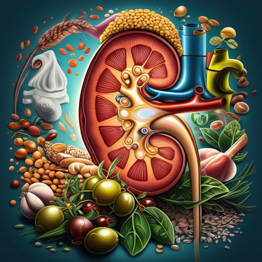 Healthy kidney surrounded by Mediterranean Diet foods.