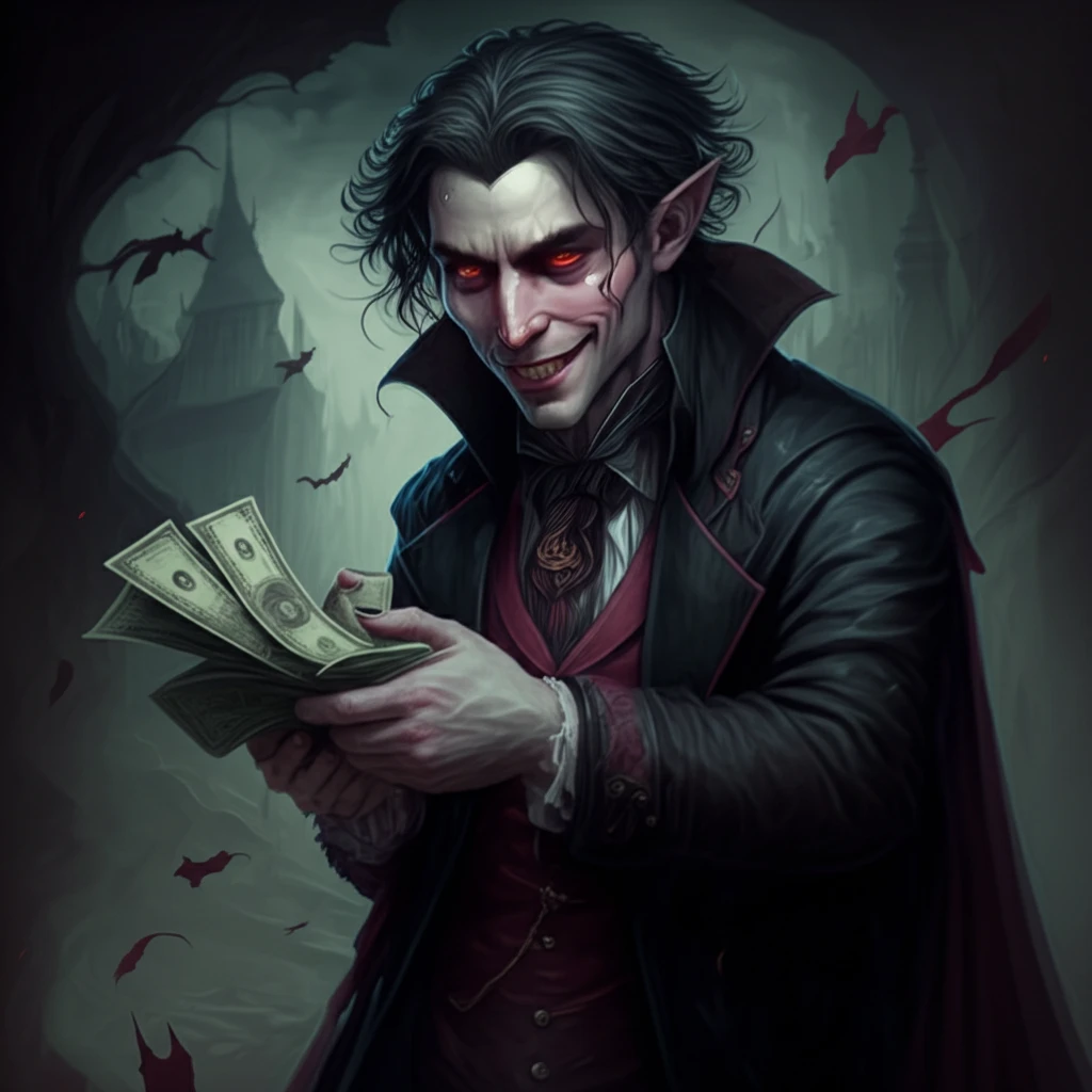Surreal illustration of a smiling vampire giving money, symbolizing the duality of philanthrocapitalism.