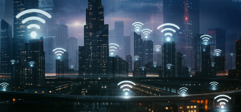 Futuristic city with wireless signals emanating from microchips