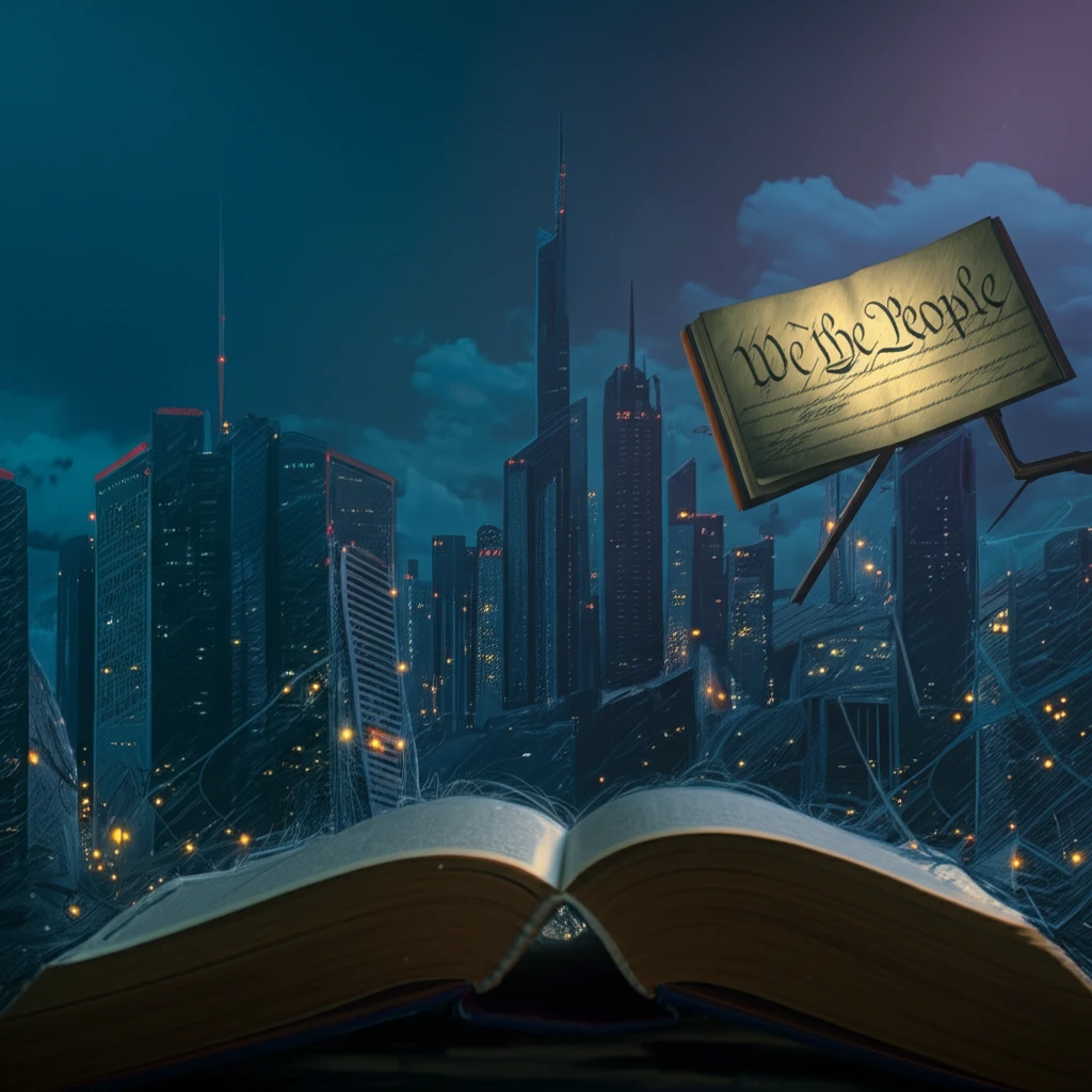 Cityscape blending with constitution pages