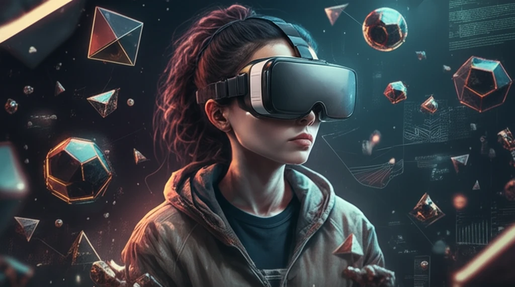 Student immersed in a VR learning environment with Platonic solids.