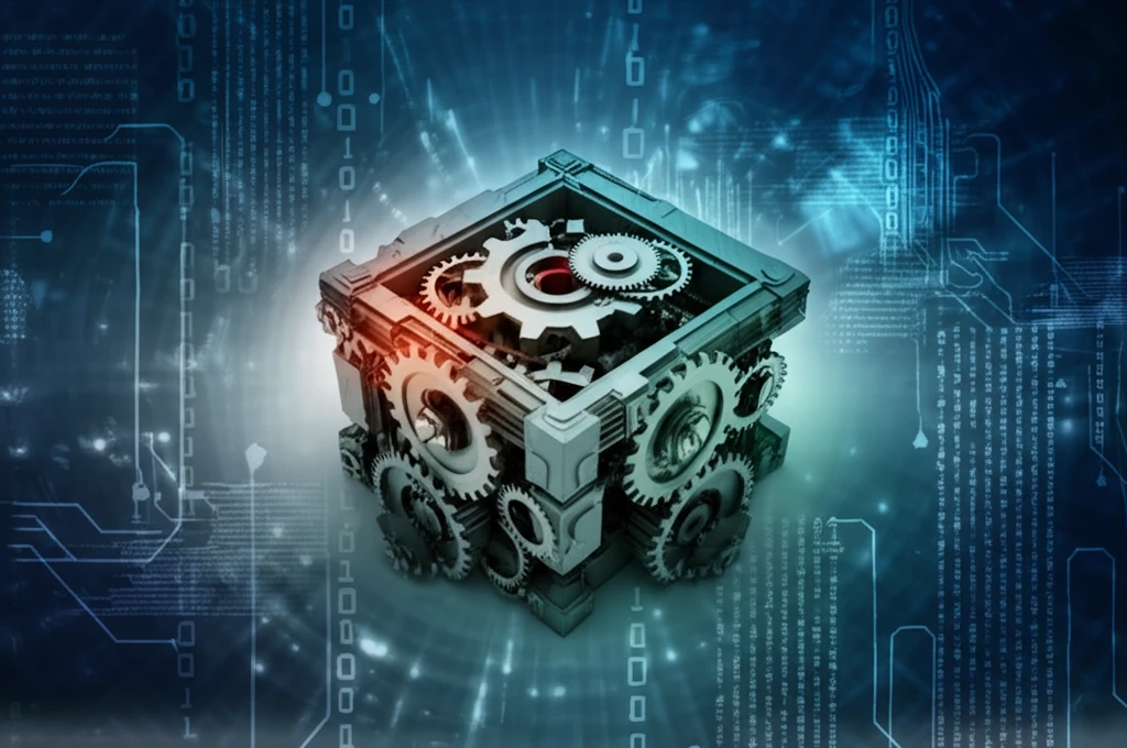 Surreal digital illustration of interlocking gears forming a geometric shape representing finite monoids.