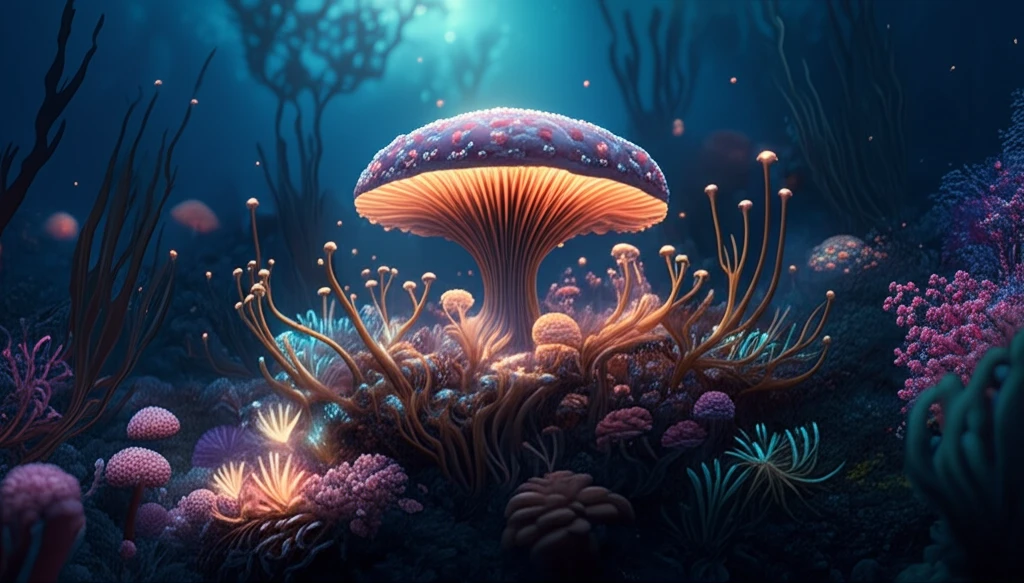 Bioluminescent marine fungi on a coral reef.