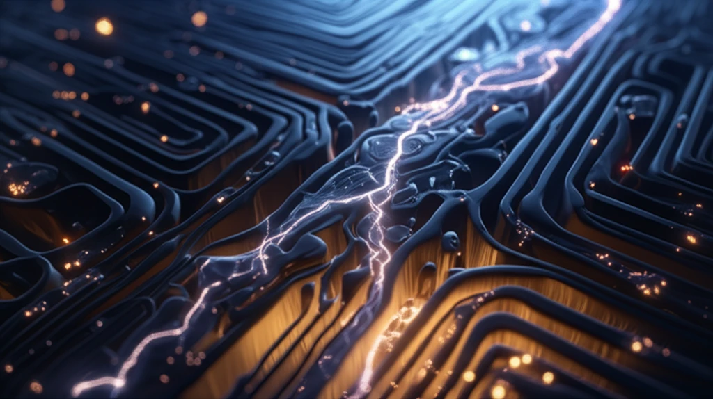 Microfluidic device with glowing ions flowing through channels.