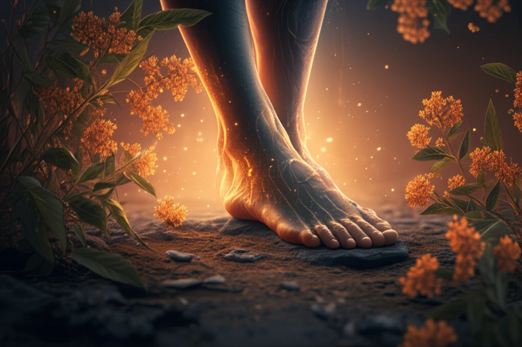 Surreal illustration of a foot bathed in golden light, symbolizing healing of diabetic foot ulcers.