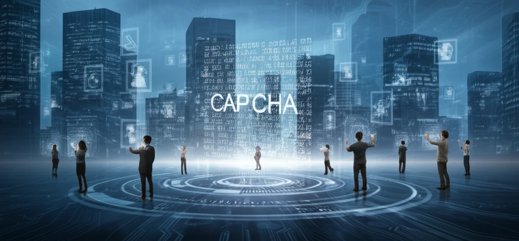 A diverse group of people interacting with holographic 3D CAPTCHA puzzles in a futuristic cityscape.