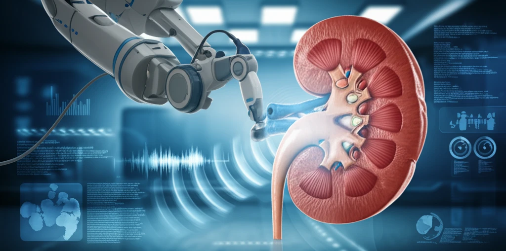 Illustration of a kidney being scanned by a robotic arm with ultrasound waves.