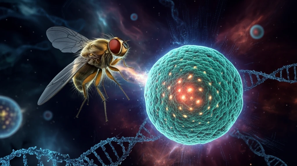 Surreal illustration of Oskar and Bucky ball proteins merging to form a germ cell.