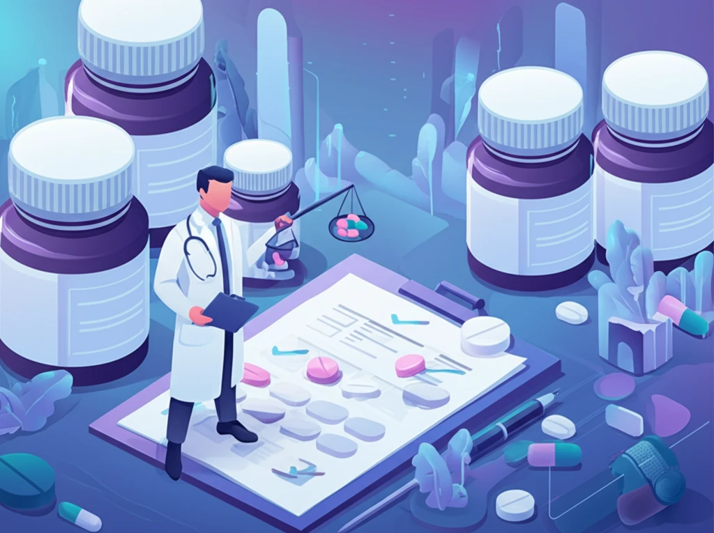 Pharmacist balancing medications with a pill-bottle cityscape