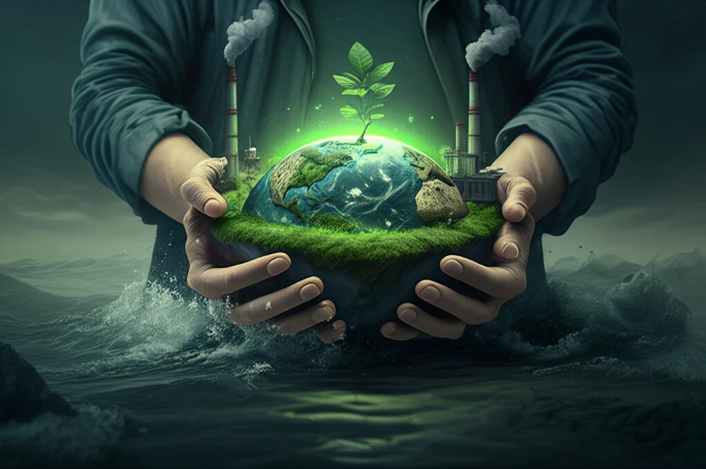 Protective hands cradling a fragile Earth amidst environmental threats.