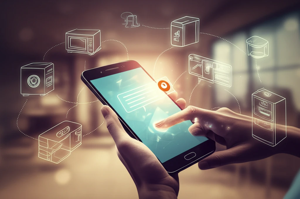 Home appliances connected to a smartphone via SMS notifications.