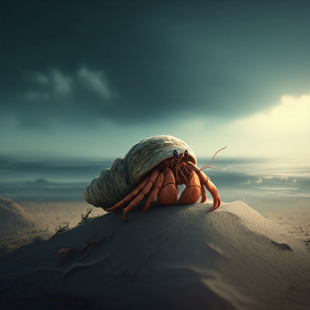 Hermit crab emerging from sand, symbolizing survival and resilience.