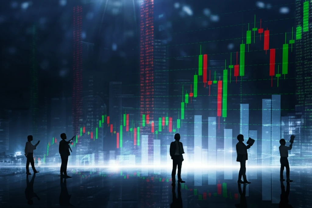 Surreal digital illustration of candlestick charts as skyscrapers on a trading floor.