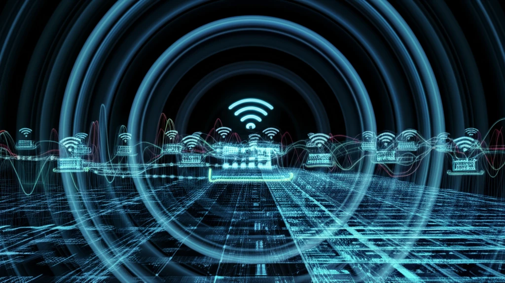 Futuristic wireless sensor network in an industrial setting, showcasing data streams and frequency hopping.