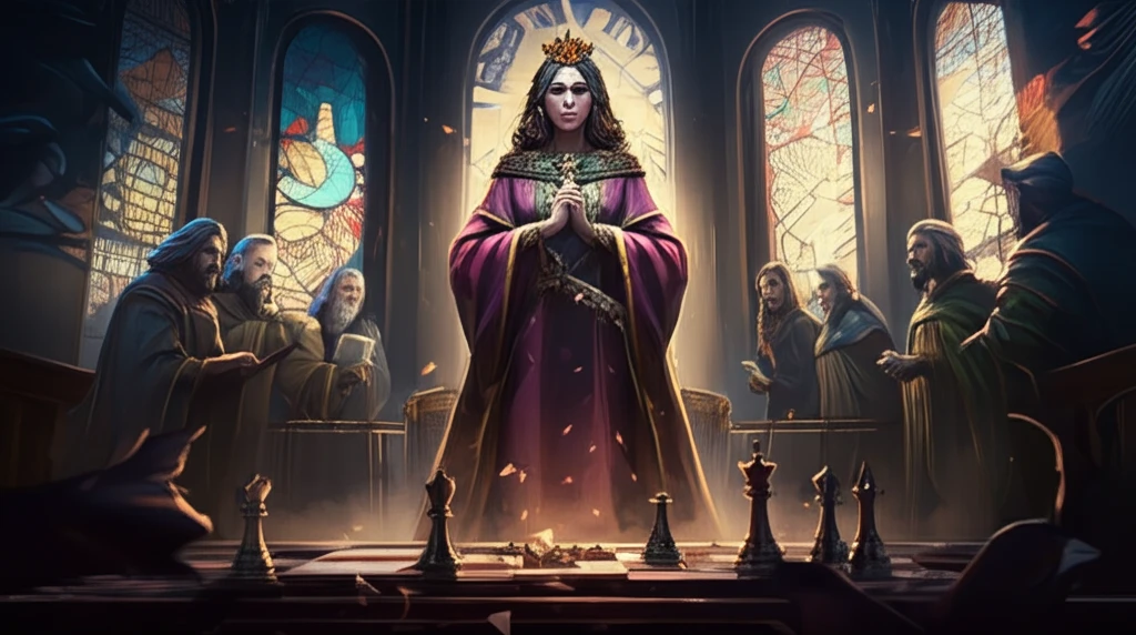 Medieval queen standing in a grand hall, symbolizing power and strategy.