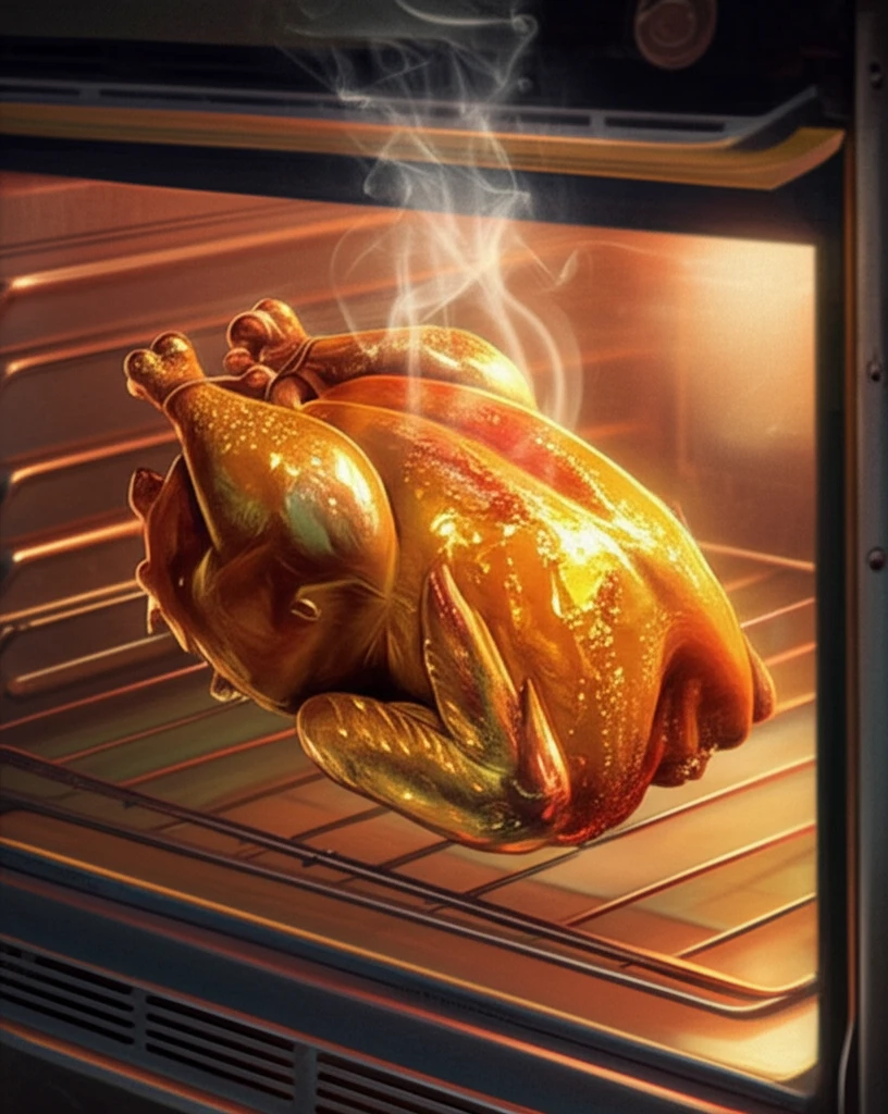 Surreal image of bread transforming into chicken, representing baking and roasting.