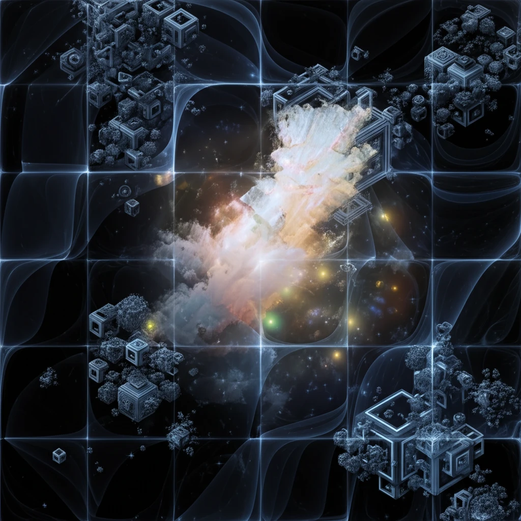 Abstract geometric shapes interconnected in a star-filled sky, symbolizing abelian 2-categories.