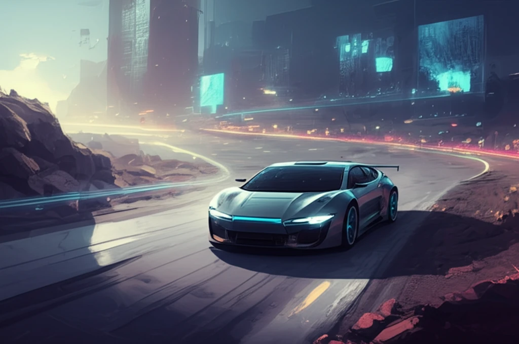 Futuristic car with AI vision detecting road obstacles.