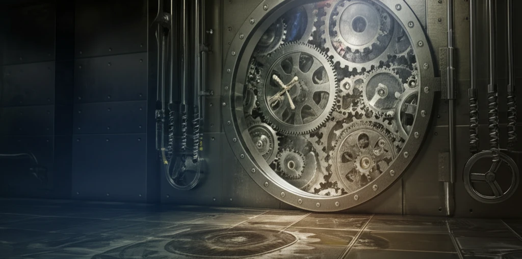 Gears turning inside a bank vault, representing monetary policy and financial institutions.