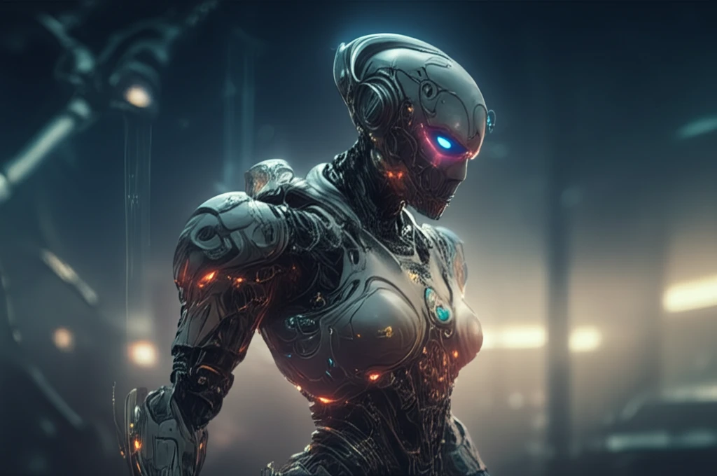 Futuristic soft robot made of glowing liquid crystal material, bending and twisting in complex shapes.