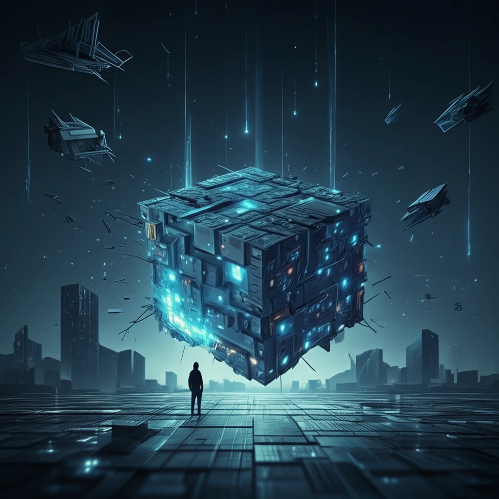 Data cube transforming into a simplified landscape, representing accessible data insights.