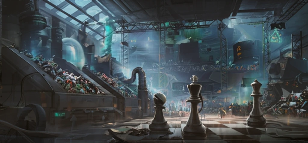 Futuristic recycling plant in Brazil with game theory elements.