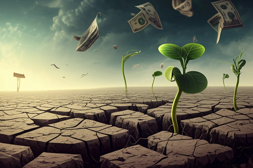 Fragile sprouts emerging from cracked earth, symbolizing microfinance in a developing nation.