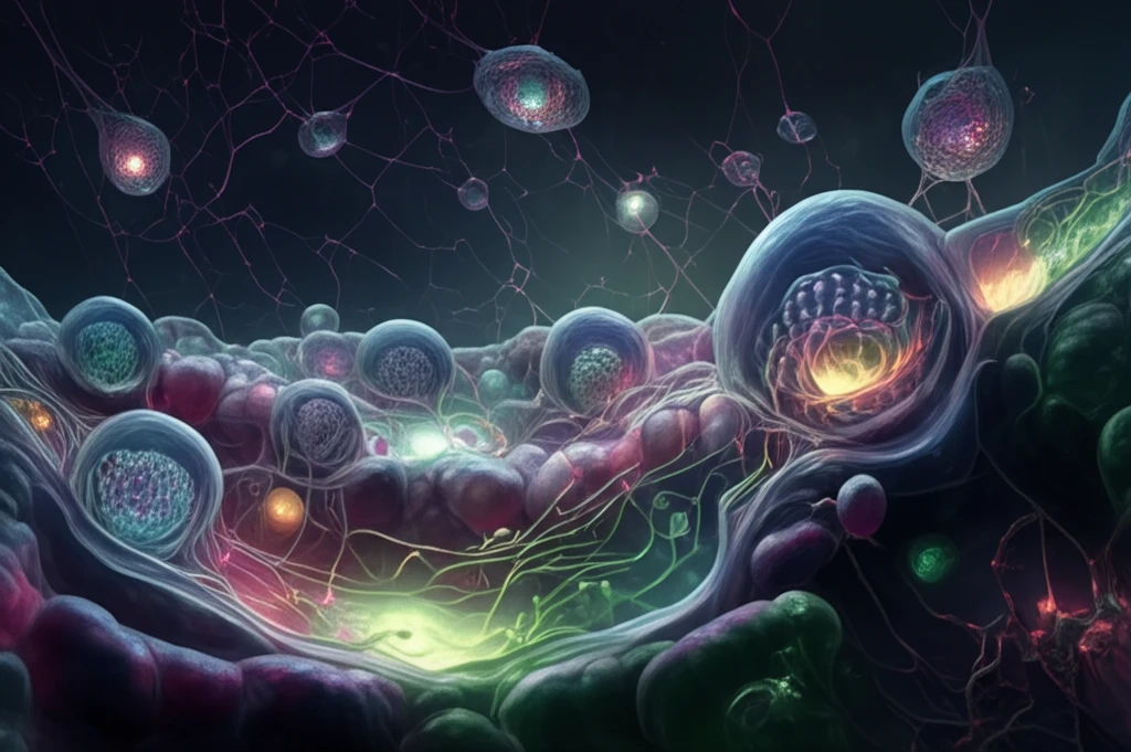 Surreal microscopic cellular landscape with glowing ions.