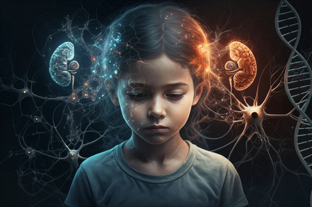 A child surrounded by glowing neural pathways, representing Adrenoleukodystrophy (ALD) and its genetic components.
