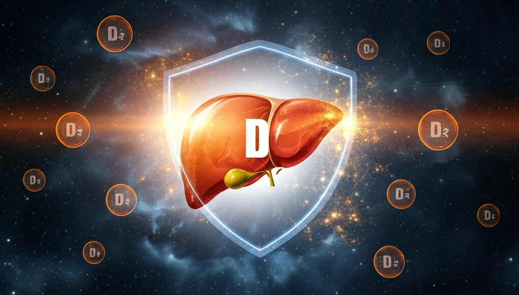 Vitamin D Shield: A surreal illustration of Vitamin D protecting a healthy liver.