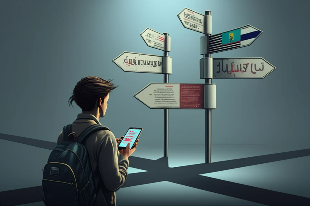 Multilingual student at a crossroads of languages, digitally illustrated.