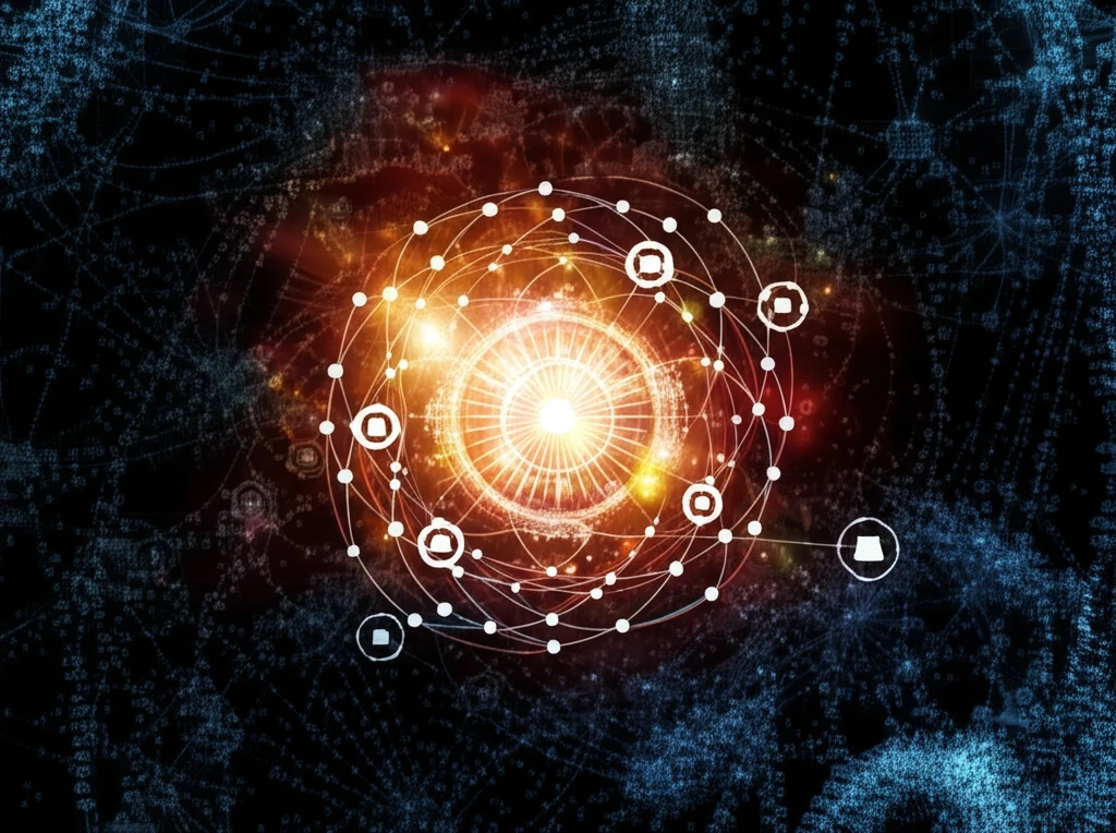 A surreal digital illustration of a glowing, interconnected network with a radiant central node.