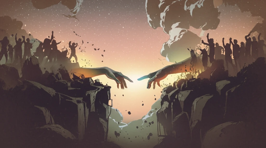 Hands reaching across a divide, symbolizing unity and finding common ground.
