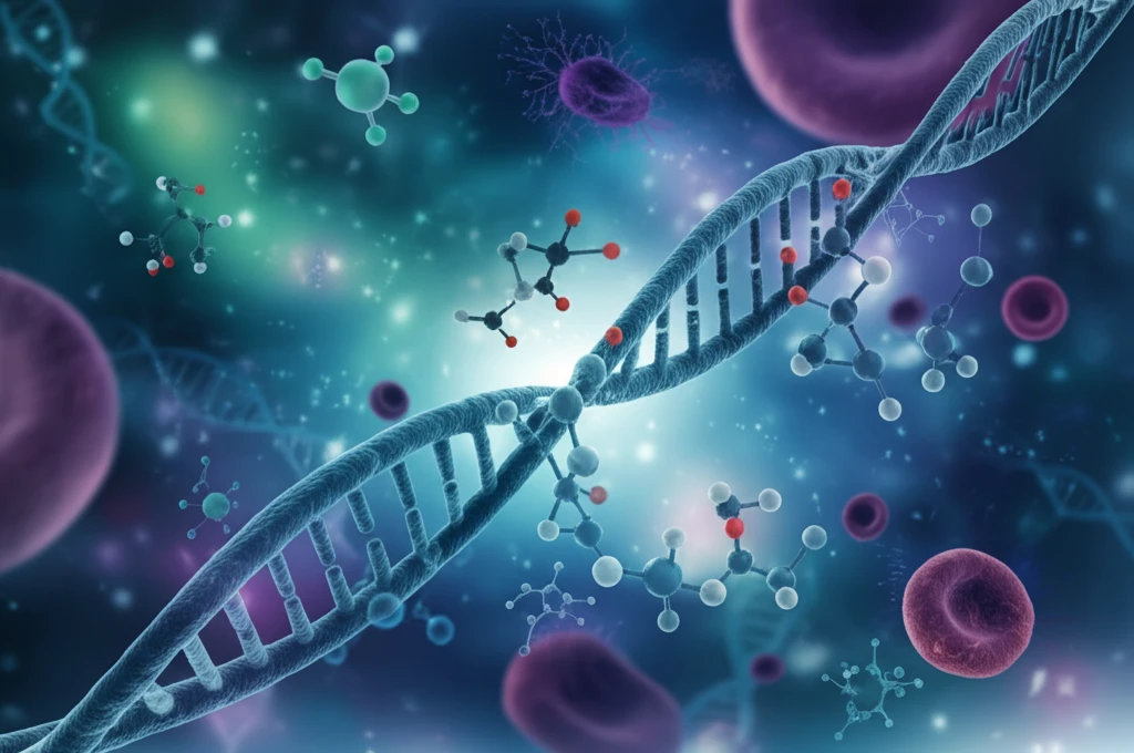 Abstract representation of leukemia cells and molecular structures