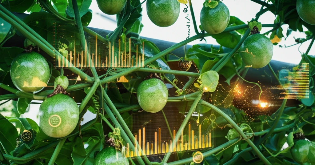 Lush passion fruit vine with glowing data points.