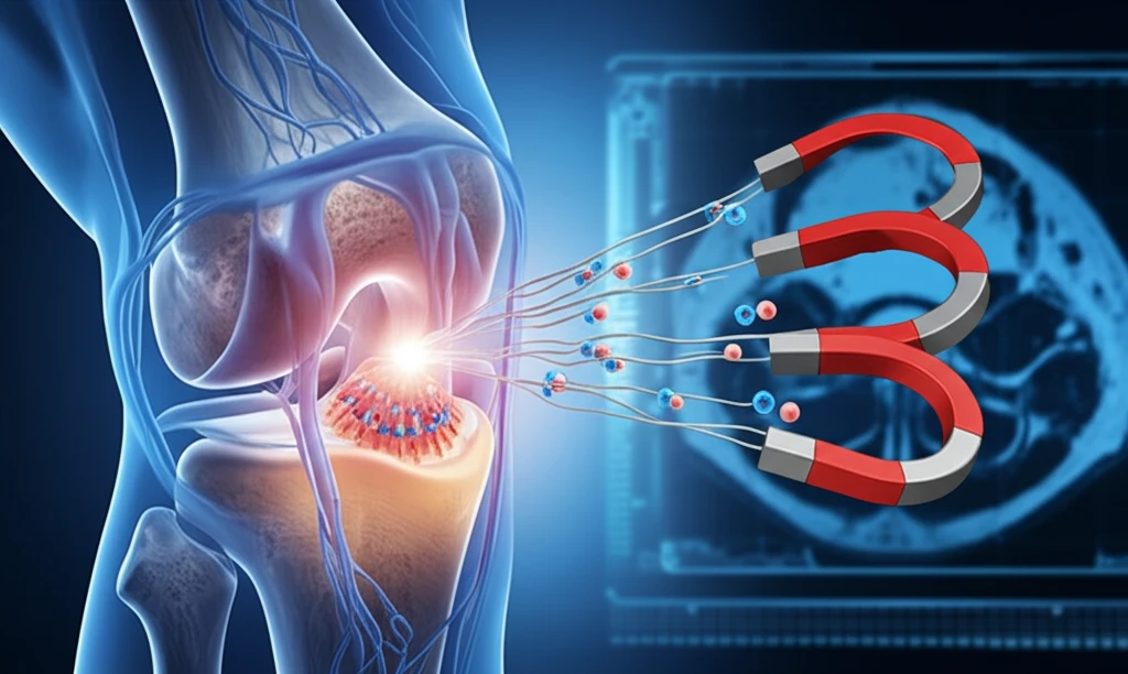 Knee joint with glowing stem cells guided by magnetic forces.