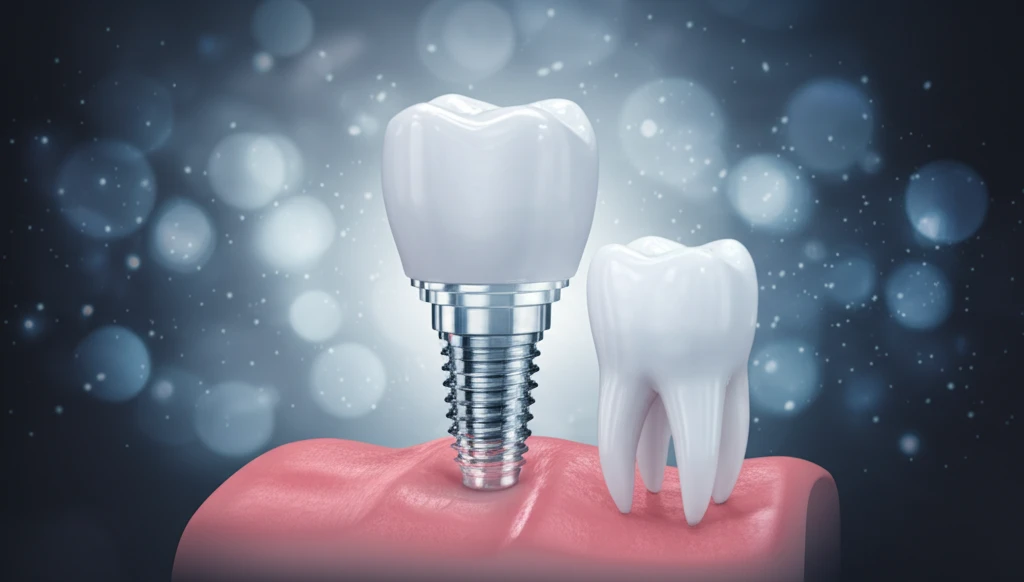 Digital illustration of a dental implant in a molar, symbolizing successful integration and dental health.