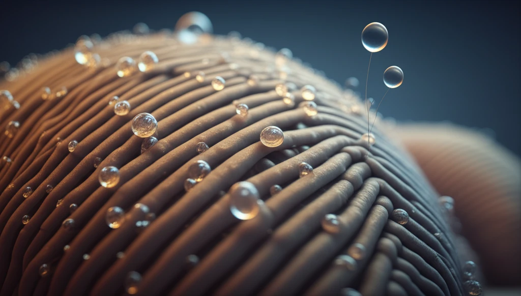 Microscopic view of textile fibers interwoven with shimmering water droplets
