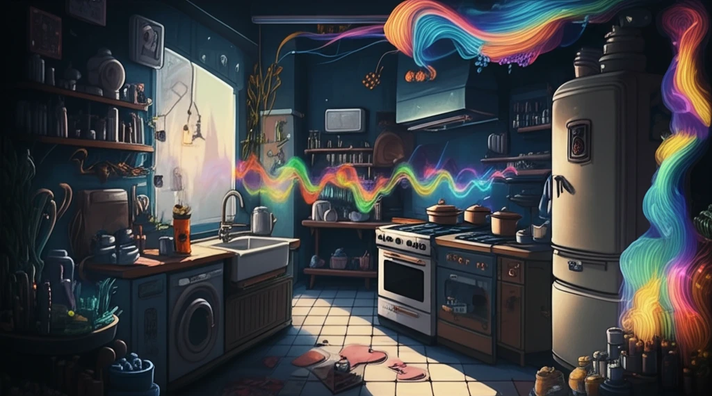 Futuristic kitchen showcasing the fusion of technology and natural food elements with sound visualization.