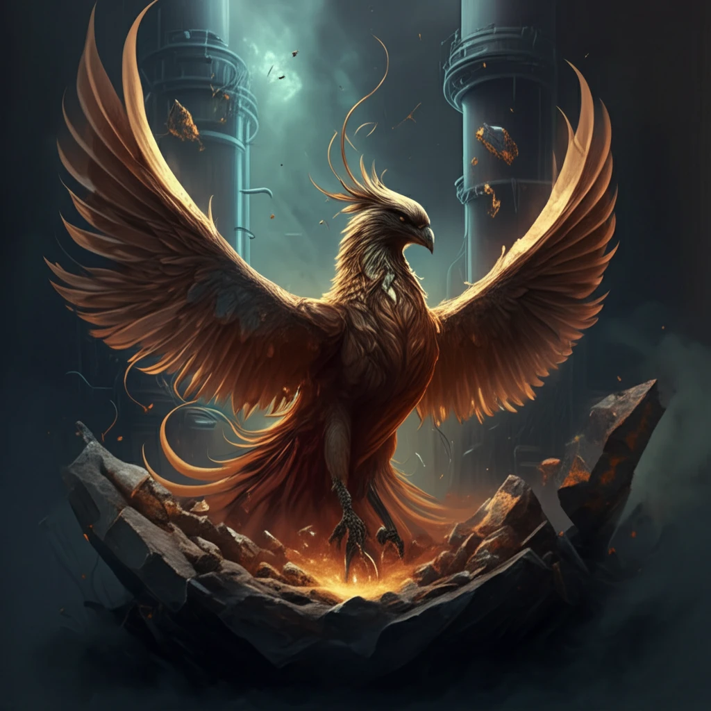 Phoenix rising from minerals, symbolizing transformation of low-grade copper.