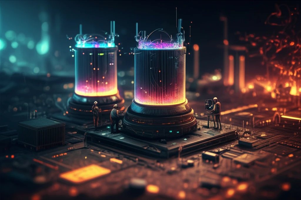 Miniaturized engineers building cooling towers on an LED chip landscape to cool down LEDs.