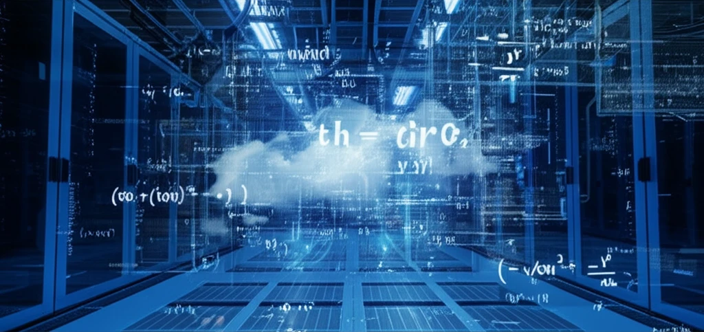 Data Science Landscape: Cloud servers illuminate data with floating equations.