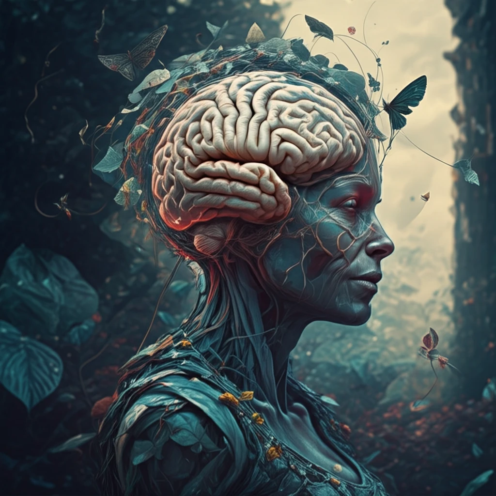 Intricate brain within a serene garden.