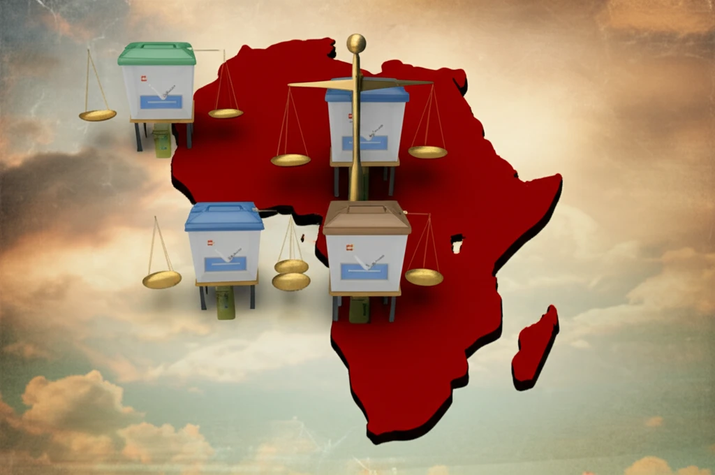 African continent with voting booths symbolizing elections