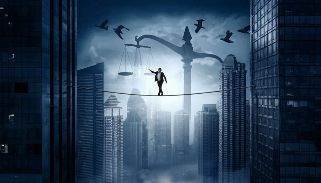 A person walking a tightrope between two buildings, symbolizing the approver's precarious position in criminal proceedings.