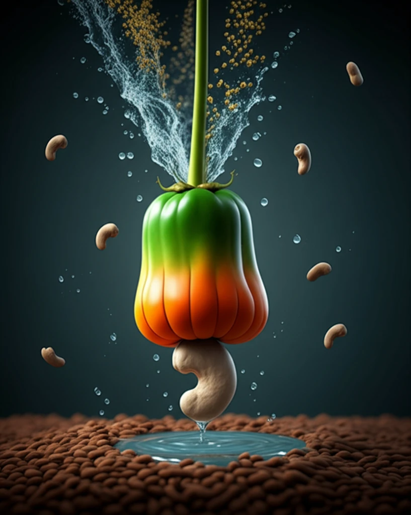 Cashew shells and millet stalks morphing into clean water droplets.